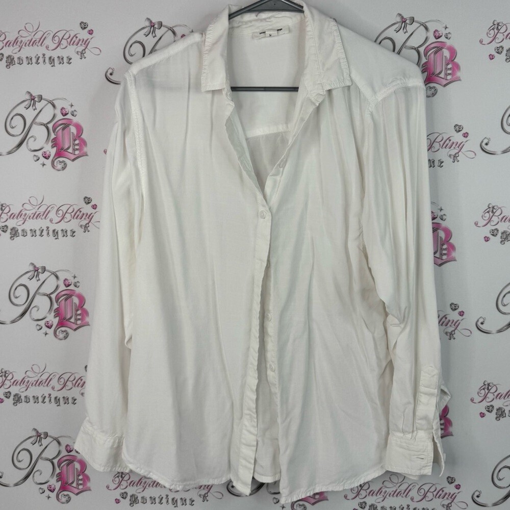 Beachlunchlounge long sleeve button up classic shirt collared White Top